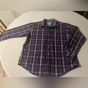 Men’s Navy and Red Plaid Casual Button Down Shirt by Haggar